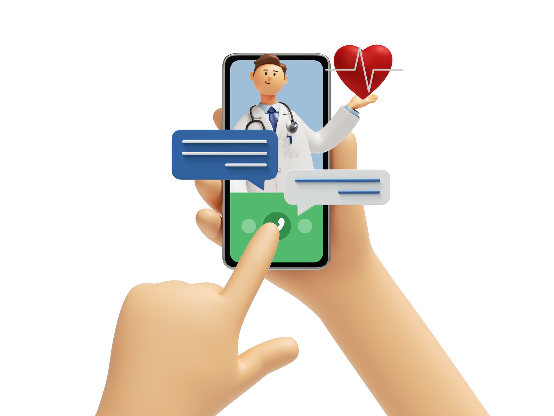 3d rendering, medical illustration isolated on white background. Heart checkup. Online consultation with doctor. Cartoon character hands call mobile phone with cardiologist popping out from screen